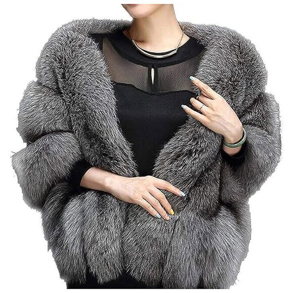 Women's Luxury Party Faux Fox Fur Long Shawl , A-dark Grey - Picture 5 of 5